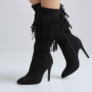 New suede like fringe heel boots black size 9